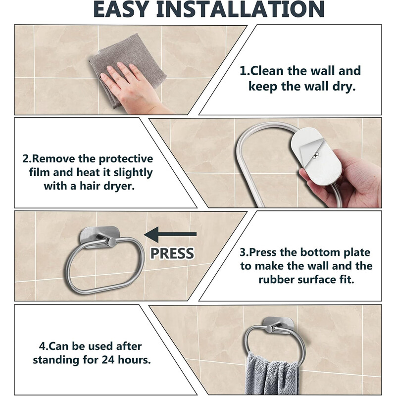 Баня Самозалепващ пръстен за кърпи от неръждаема стомана Овален държач за кърпи Стенен държач за кърпи за ръце за кухня Баня Roomath Roomath