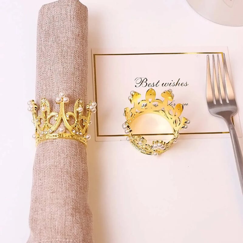2 бр. Пръстени за салфетки Нова метална корона Закопчалка за салфетки Перлени кристали Пръстени за салфетки Домашна кухненска маса Външна декорация