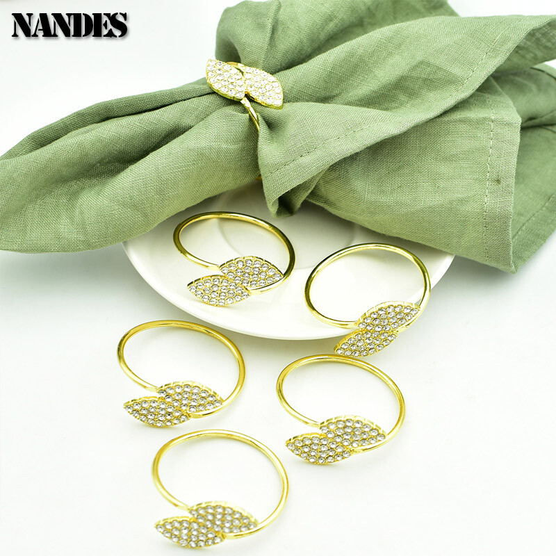 6 бр. Пръстени за салфетки Две листа Детелина Сплав Държач за салфетки Злато Сребърен Декор Настолно парти Сватба с Орнаменти за хотелска маса