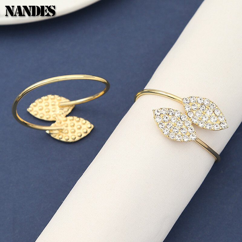 6 бр. Пръстени за салфетки Две листа Детелина Сплав Държач за салфетки Злато Сребърен Декор Настолно парти Сватба с Орнаменти за хотелска маса