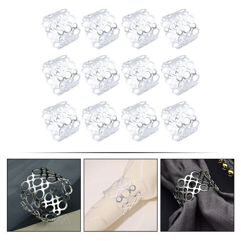 12 kom prstena za salvete Jednostavan i luksuzan šuplji krug Vrhunska tkanina 12 kom/pak. (srebrni) Kopča salveta za stol