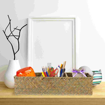 Υφαντό κουτί αποθήκευσης Home Sundries Organizer Κάδος απορριμμάτων Δοχείο επιφάνειας εργασίας Ψάθινο θήκη Καλάθια Κάδοι με καπάκια