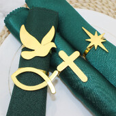 8Gb Zelta salvešu gredzeni Sudraba krusta zivs formas salvešu turētājs Jesus Christian salvešu gredzeni pirmās Komūnijas ballītes galda dekorēšanai