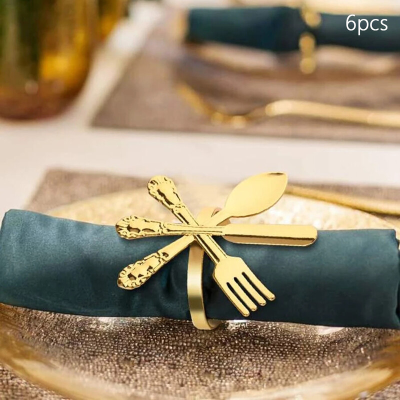 6 ks zlatých nožov a vidličiek, sada krúžkov na obrúsky, kovové pracky na obrúsky, držiak na obrúsky na narodeniny, svadobnú párty, večeru, dekoráciu stola, držiaky na obrúsky