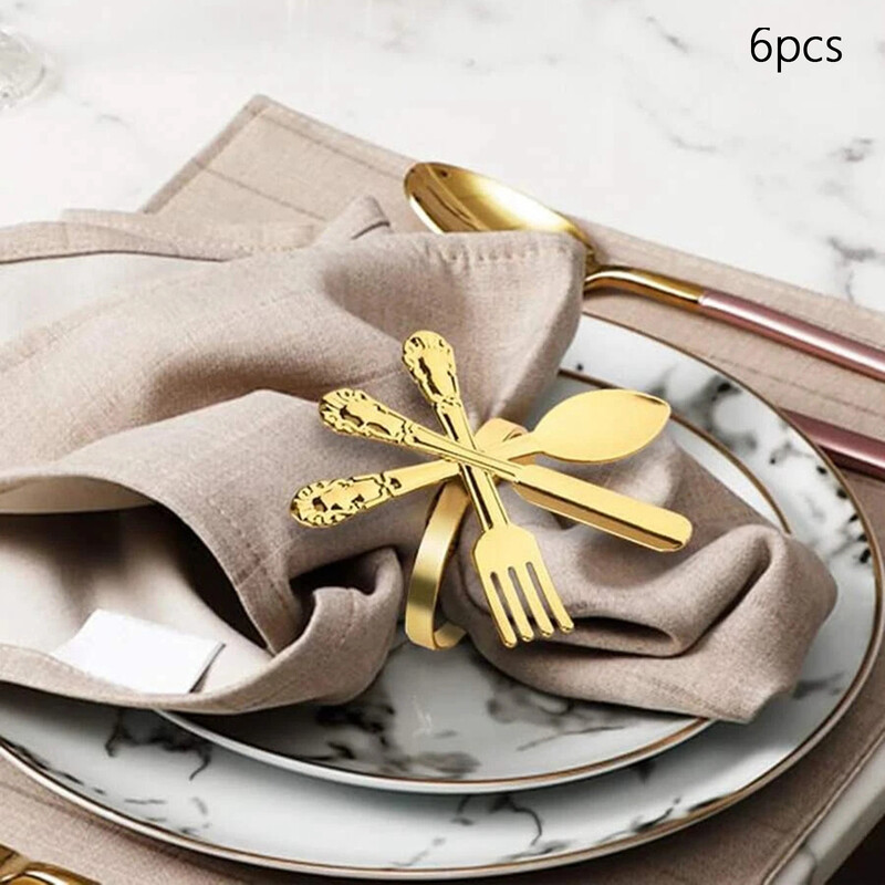 6 ks zlatých nožov a vidličiek, sada krúžkov na obrúsky, kovové pracky na obrúsky, držiak na obrúsky na narodeniny, svadobnú párty, večeru, dekoráciu stola, držiaky na obrúsky