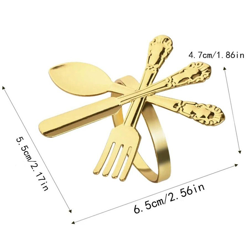6 ks zlatých nožov a vidličiek, sada krúžkov na obrúsky, kovové pracky na obrúsky, držiak na obrúsky na narodeniny, svadobnú párty, večeru, dekoráciu stola, držiaky na obrúsky