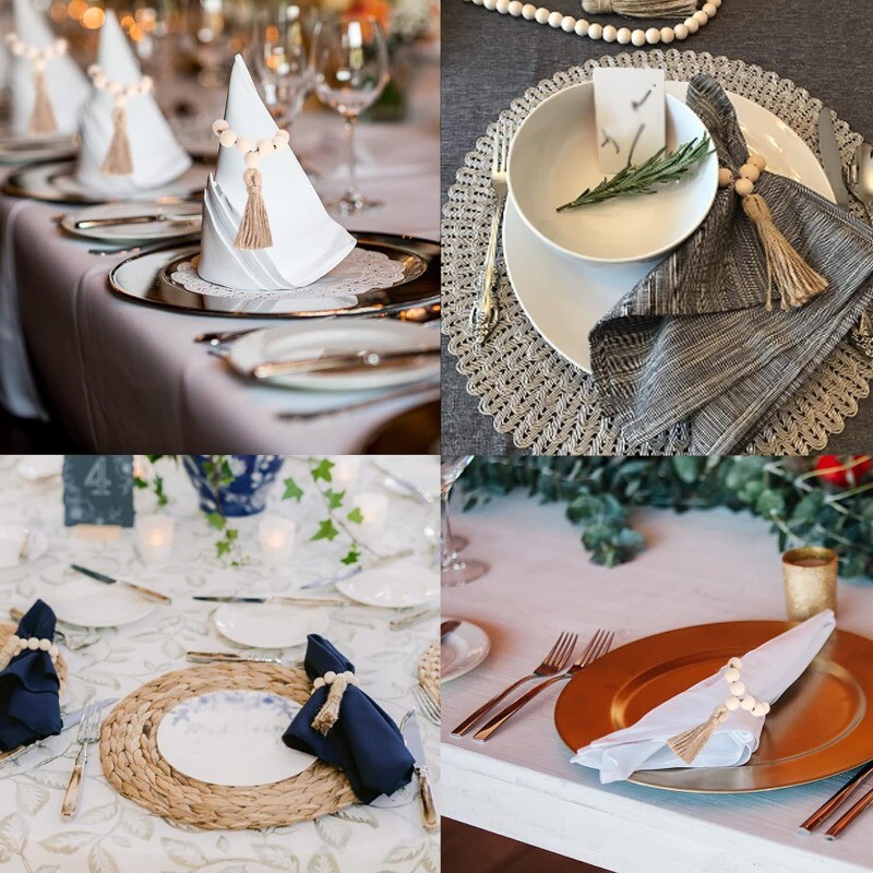 12 puidust helmestest salvrätirõngaste komplekt koos džuudist köiega tutidega talumaja pulmadeks jõuludeks kodu söögilaua peokaunistuseks