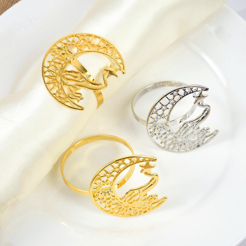 Eid Mubarak salvešu gredzeni Ramadan Kareem galda noformējums Islāma musulmaņu ballīte Zelts Sudrabs Metāls Zvaigzne Mēness salvešu sprādžu turētāji