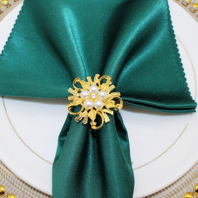 6 бр. Златни пръстени за салфетки Елегантни пръстени за салфетки с перлени цветя Държач Сервиетни катарами за Коледа Деня на благодарността Декорация на сватбена маса