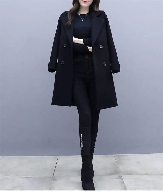 2023 ново есенно и зимно удебелено вълнено палто с джобове в стил Хепбърн за жени черно вълнено палто със средна дължина за отслабване