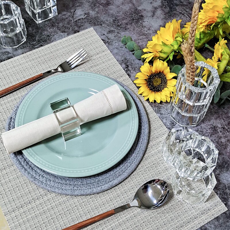 Rankų darbo skaidraus stiklo servetėlių laikiklio žiedai, stalo papuošimai, vestuvės, Valentino diena, banketas, Kalėdos