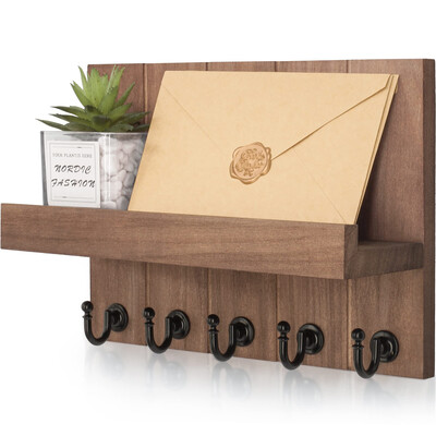 Ukrasni drveni držač za ključeve i organizator pošte za zid Moderna drvena polica s 5 kuka Zidni nosač za ulaz u dnevnu sobu