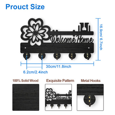 1 set kukica za kapute s cvijećem i biljkom na zidu 11,8 × 7 inča Drveni držač ključeva s cvijetom ruže za zidnu ukrasnu vješalicu za ključeve