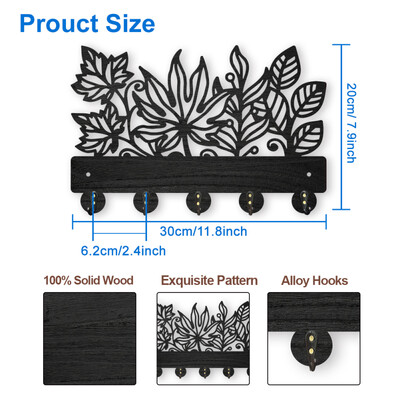 1 set kukica za kapute s cvijećem i biljkom na zidu 11,8 × 7 inča Drveni držač ključeva s cvijetom ruže za zidnu ukrasnu vješalicu za ključeve