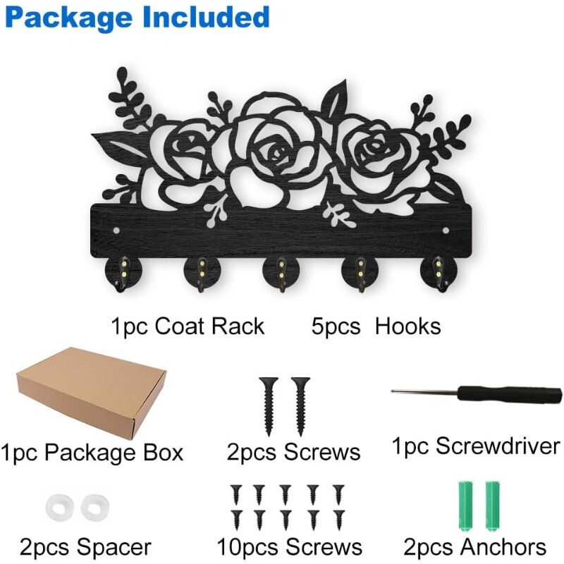 1 set kukica za kapute s cvijećem i biljkom na zidu 11,8 × 7 inča Drveni držač ključeva s cvijetom ruže za zidnu ukrasnu vješalicu za ključeve