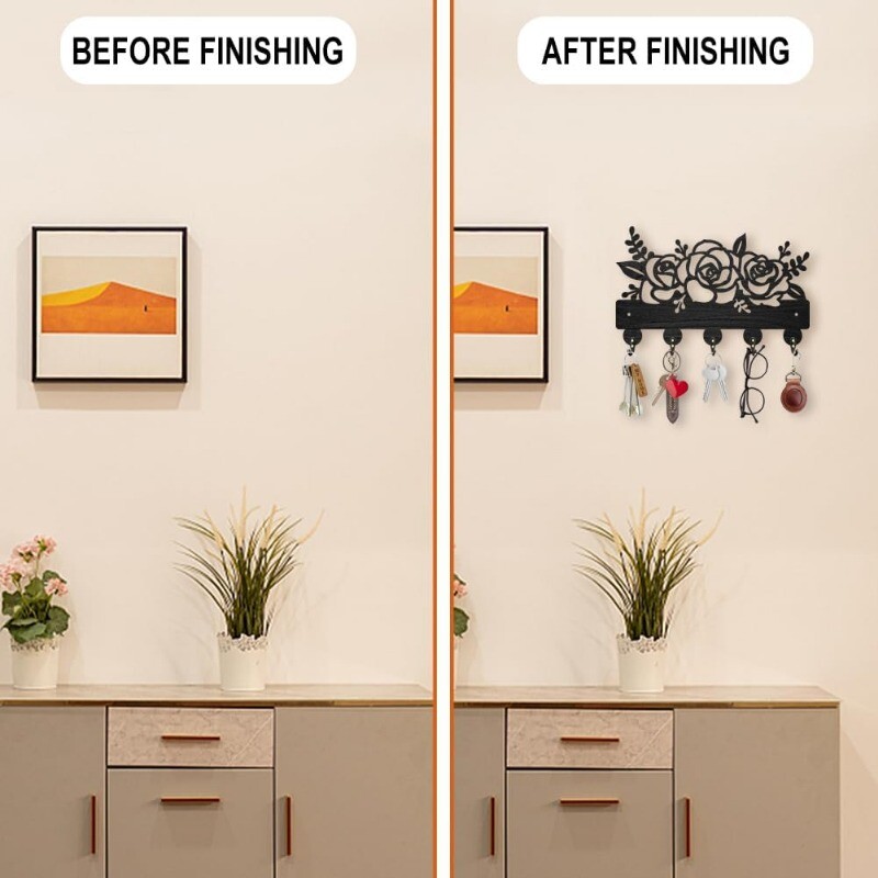 1 set kukica za kapute s cvijećem i biljkom na zidu 11,8 × 7 inča Drveni držač ključeva s cvijetom ruže za zidnu ukrasnu vješalicu za ključeve