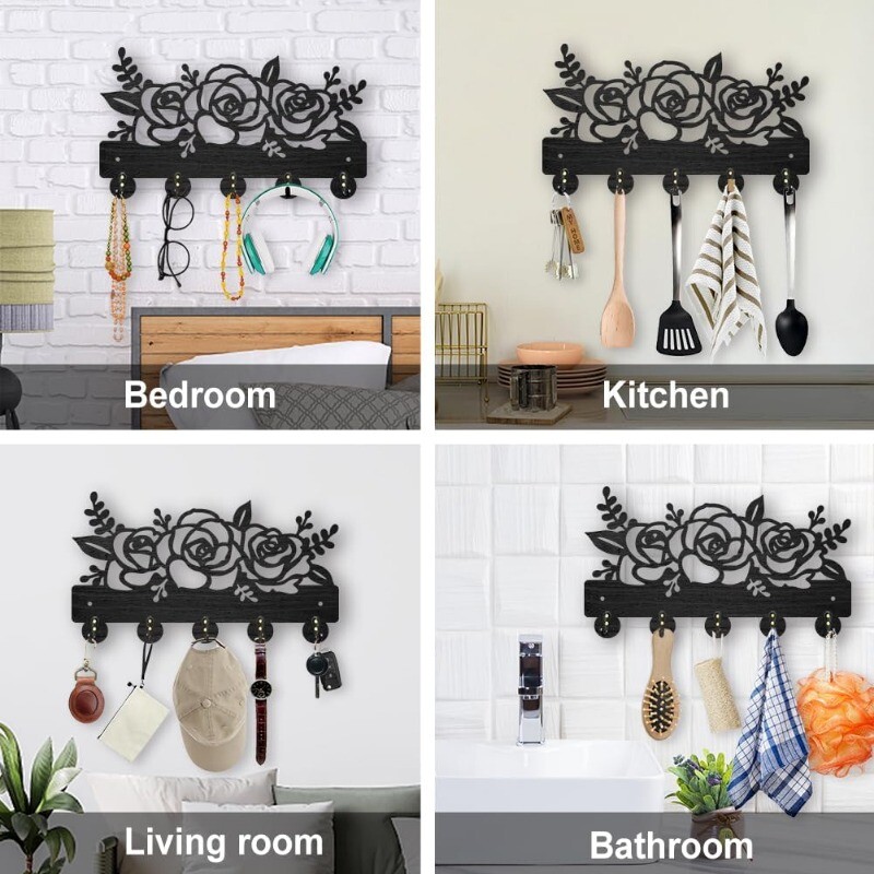 1 set kukica za kapute s cvijećem i biljkom na zidu 11,8 × 7 inča Drveni držač ključeva s cvijetom ruže za zidnu ukrasnu vješalicu za ključeve