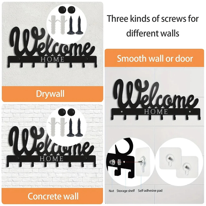 1kom crni metalni držač za ključeve, držač za ključeve za zid, zidni stalak za ključeve u stilu DOBRODOŠLI, za vješalicu za ključeve s 8 kuka