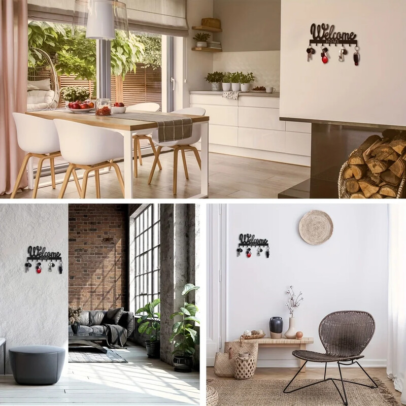 1kom crni metalni držač za ključeve, držač za ključeve za zid, zidni stalak za ključeve u stilu DOBRODOŠLI, za vješalicu za ključeve s 8 kuka