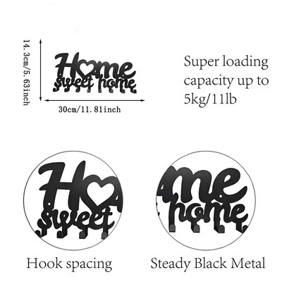 Vješalica s kukom Zidni držač za ključeve Metalna ukrasna vješalica za kapute s dizajnom Sweet Home i psi Organizator Stalak sa 6 kukica