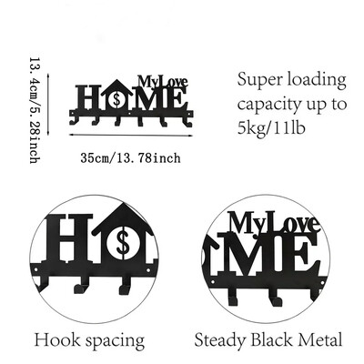 Vješalica s kukom Zidni držač za ključeve Metalna ukrasna vješalica za kapute s dizajnom Sweet Home i psi Organizator Stalak sa 6 kukica