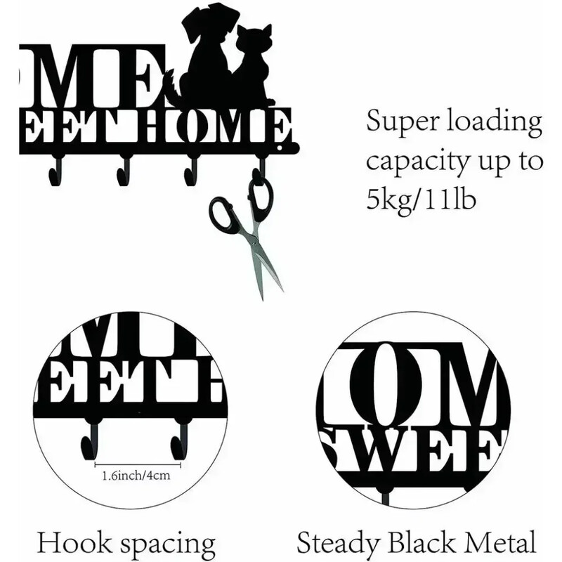 Vješalica s kukom Zidni držač za ključeve Metalna ukrasna vješalica za kapute s dizajnom Sweet Home i psi Organizator Stalak sa 6 kukica