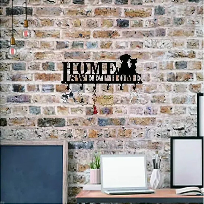 Vješalica s kukom Zidni držač za ključeve Metalna ukrasna vješalica za kapute s dizajnom Sweet Home i psi Organizator Stalak sa 6 kukica