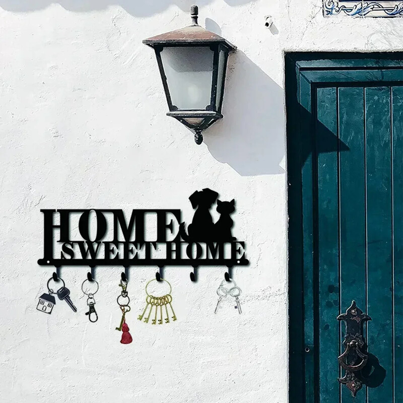 Vješalica s kukom Zidni držač za ključeve Metalna ukrasna vješalica za kapute s dizajnom Sweet Home i psi Organizator Stalak sa 6 kukica