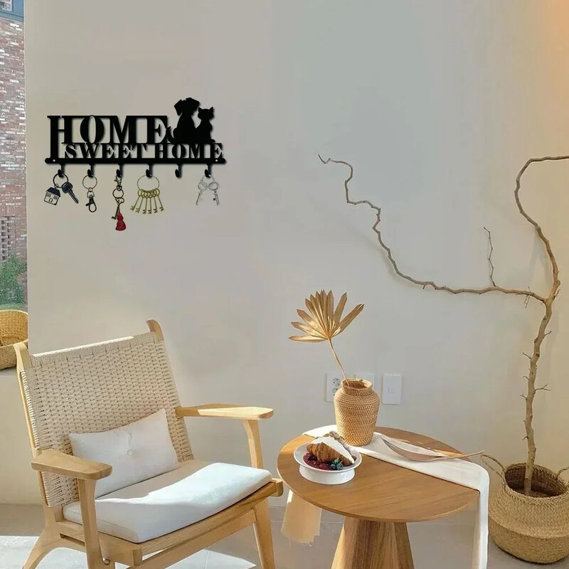Vješalica s kukom Zidni držač za ključeve Metalna ukrasna vješalica za kapute s dizajnom Sweet Home i psi Organizator Stalak sa 6 kukica