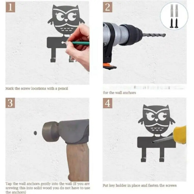 HelloYoung Multifunktionale Metall Stahl Schlüsselhalter Eule Schlüsselhalter Haken Iron Crafts, Стенен монтаж, Куки, Ключодържател