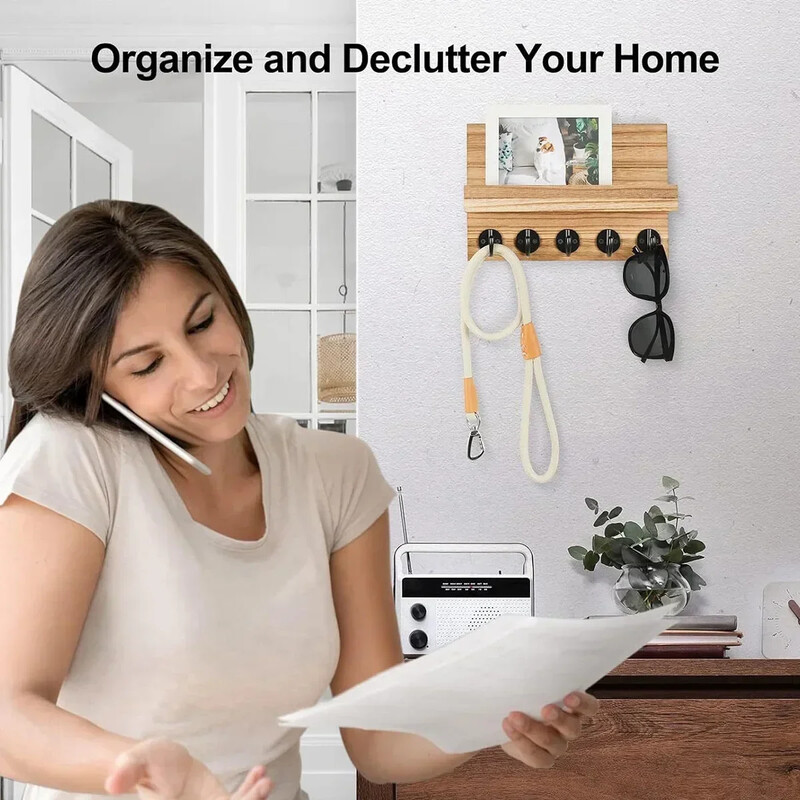 Držač za ključeve i poštu Kućni dekor Drveni zidni organizator s 5 kuka i polica za torbe Povodac za pse Zidni ukras za ulaz u dnevnu sobu