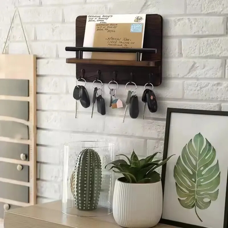 Držač za ključeve i poštu Kućni dekor Drveni zidni organizator s 5 kuka i polica za torbe Povodac za pse Zidni ukras za ulaz u dnevnu sobu