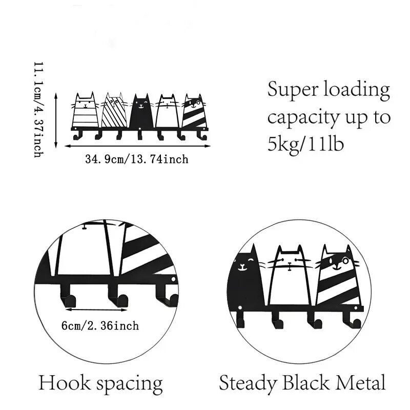 Nova slatka ukrasna kuka za mačke, stalak za kuke za ključeve sa 7 kuka, moderna vješalica za kapute, zidna vješalica za kapute s mačjim ukrasima
