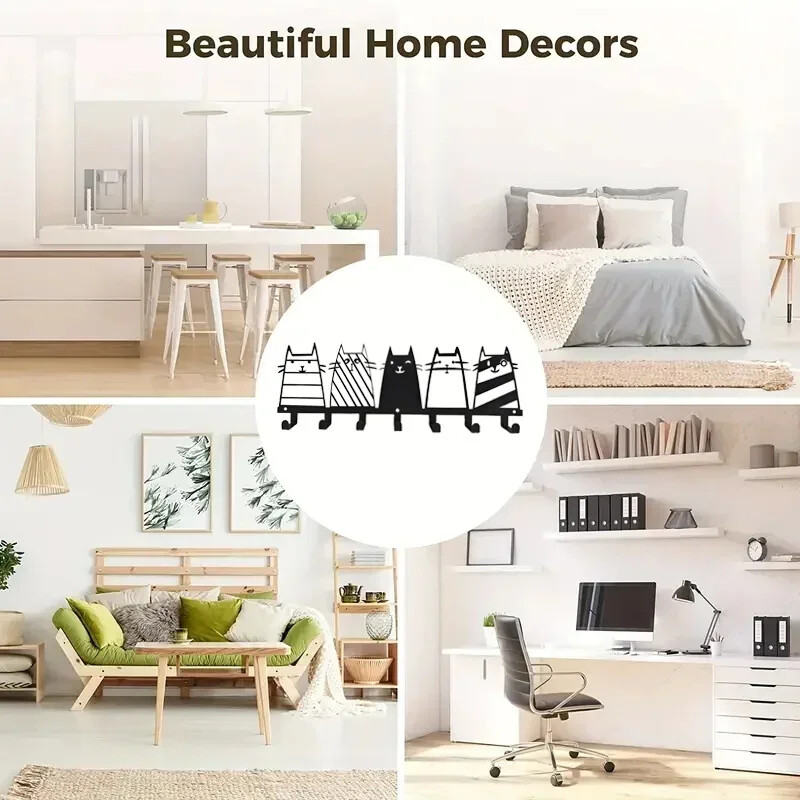 Nova slatka ukrasna kuka za mačke, stalak za kuke za ključeve sa 7 kuka, moderna vješalica za kapute, zidna vješalica za kapute s mačjim ukrasima