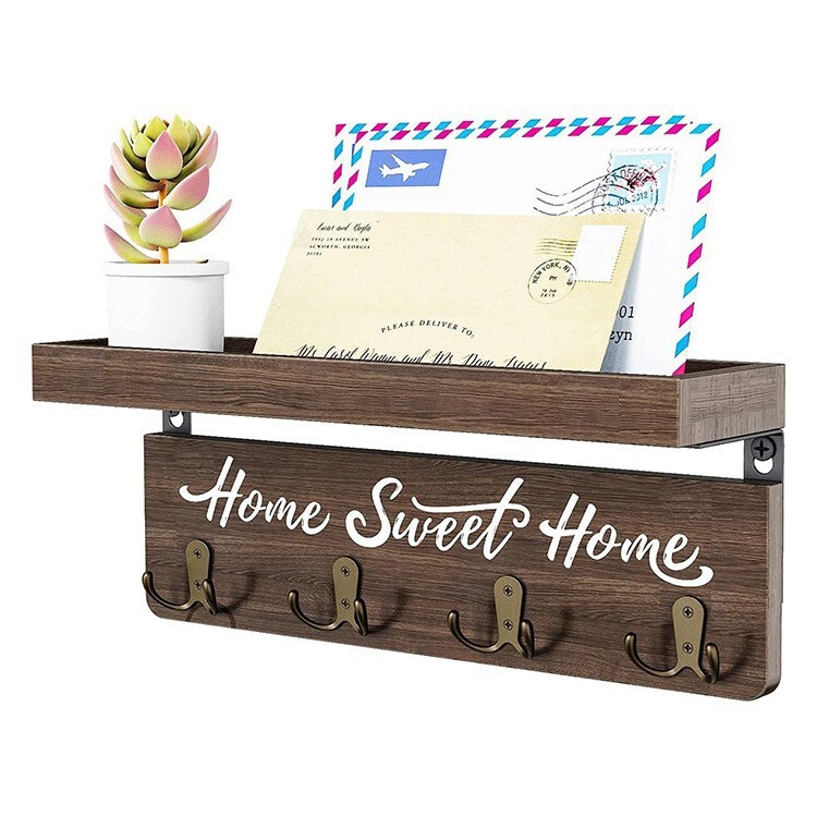 Рустик ключодържател за стенен декор на антрето Дървена етажерка с 4 куки за ключове Стенен органайзер за поща във ферма с куки
