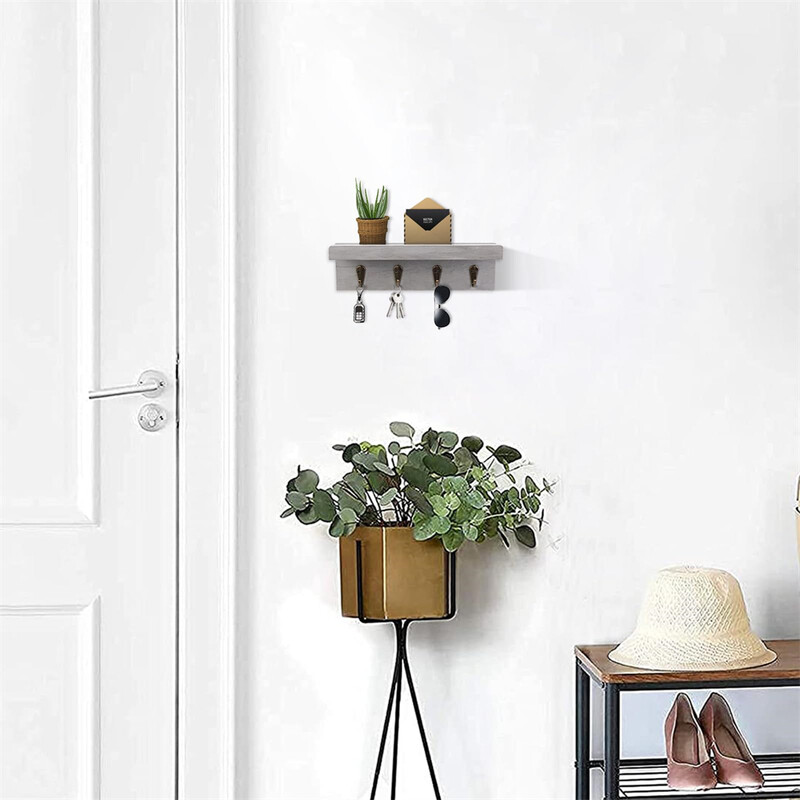 Рустик ключодържател за стенен декор на антрето Дървена етажерка с 4 куки за ключове Стенен органайзер за поща във ферма с куки