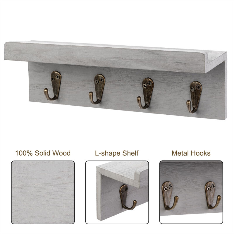 Рустик ключодържател за стенен декор на антрето Дървена етажерка с 4 куки за ключове Стенен органайзер за поща във ферма с куки