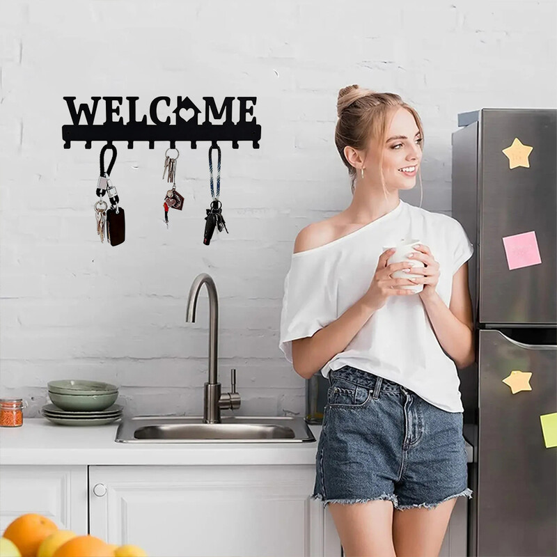 Držač ključeva Metalni držač ključeva Dekorativni zidni nosač DOBRODOŠLI Dizajn Stilski stalak za ključeve Zidni stalak za kapute Kuke za vješanje