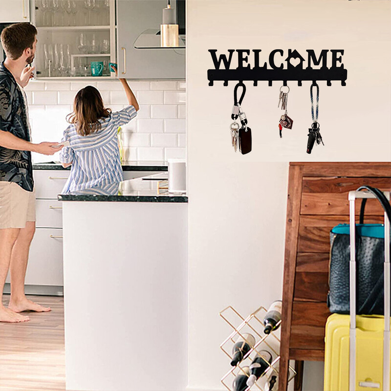 Držač ključeva Metalni držač ključeva Dekorativni zidni nosač DOBRODOŠLI Dizajn Stilski stalak za ključeve Zidni stalak za kapute Kuke za vješanje