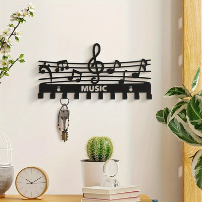 Iron Music Note Storage Rack Куки за черни ключове и портманто, стилна креативна декорация за стена за домашна употреба на закрито