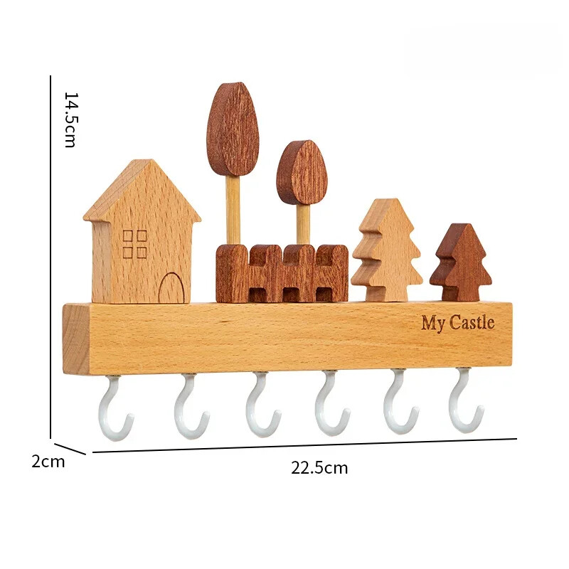 Творчески дървен стенен стелаж за съхранение на ключове с 6 куки Органайзер за ключове за стена, домашен декор за антрето коридор