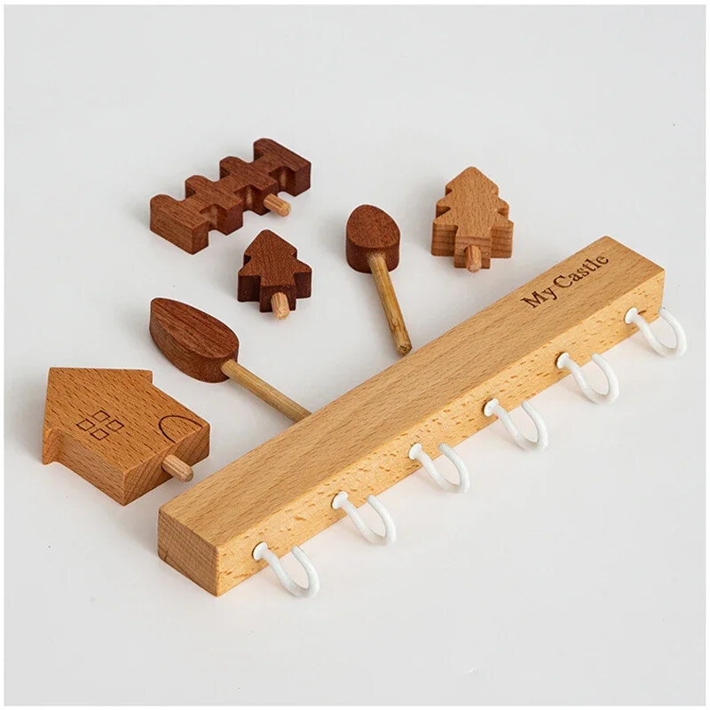 Творчески дървен стенен стелаж за съхранение на ключове с 6 куки Органайзер за ключове за стена, домашен декор за антрето коридор