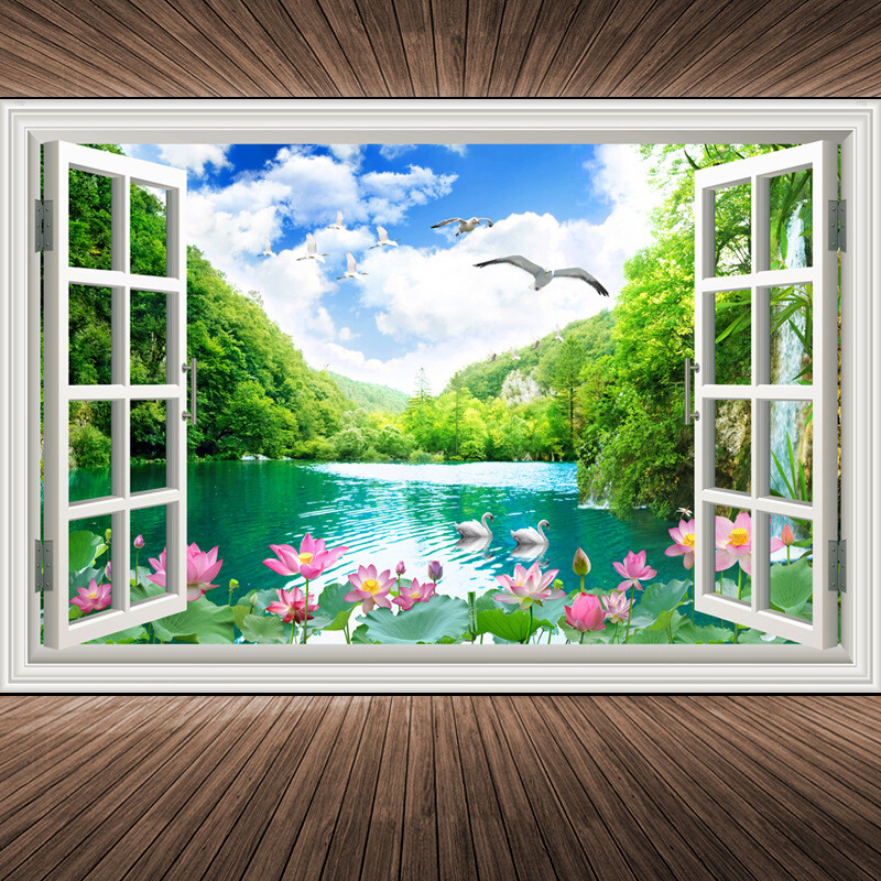 Nordijska 3D tapeta mural lažni prozor pejzažna slika dnevna soba topla i romantična sofa pozadinska zidna naljepnica ukrasna slika