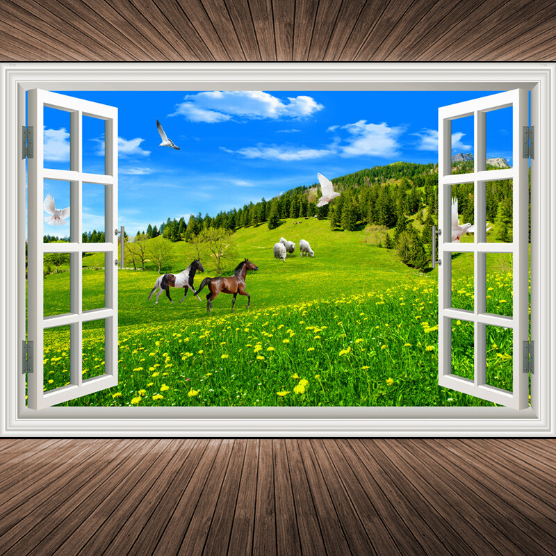 Nordijska 3D tapeta mural lažni prozor pejzažna slika dnevna soba topla i romantična sofa pozadinska zidna naljepnica ukrasna slika