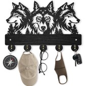 Medinė sieninė kabykla, 11,8 × 8 colių „Wolf Forest“ raktų laikiklis sieniniam paltų kabyklai „Wolf Key Hook 5“ lydinio kabliukai „Animal Theme“