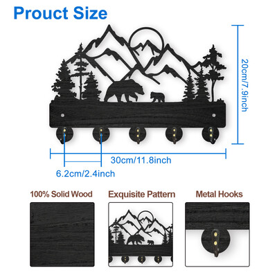 Medinė sieninė kabykla, 11,8 × 8 colių „Wolf Forest“ raktų laikiklis sieniniam paltų kabyklai „Wolf Key Hook 5“ lydinio kabliukai „Animal Theme“