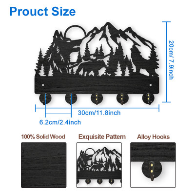 Medinė sieninė kabykla, 11,8 × 8 colių „Wolf Forest“ raktų laikiklis sieniniam paltų kabyklai „Wolf Key Hook 5“ lydinio kabliukai „Animal Theme“