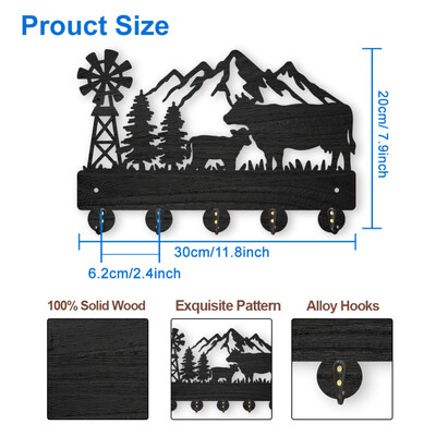 Medinė sieninė kabykla, 11,8 × 8 colių „Wolf Forest“ raktų laikiklis sieniniam paltų kabyklai „Wolf Key Hook 5“ lydinio kabliukai „Animal Theme“
