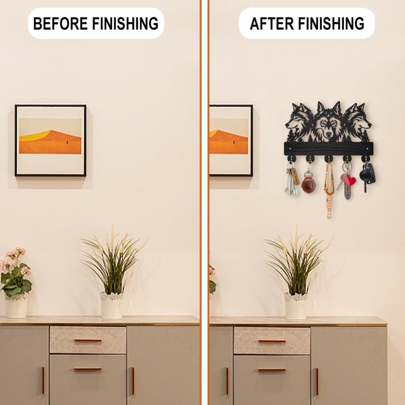 Medinė sieninė kabykla, 11,8 × 8 colių „Wolf Forest“ raktų laikiklis sieniniam paltų kabyklai „Wolf Key Hook 5“ lydinio kabliukai „Animal Theme“