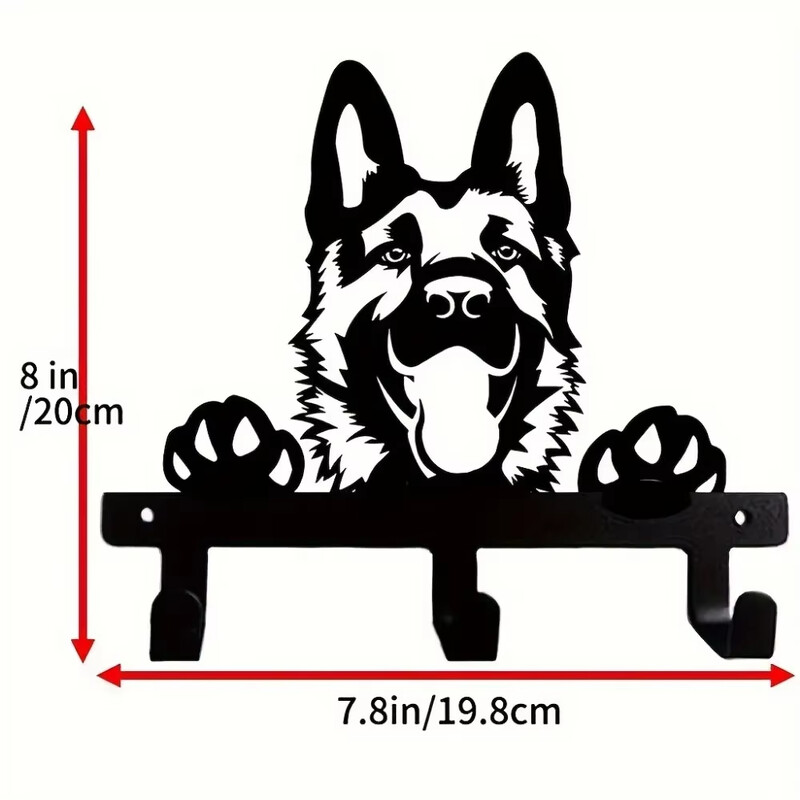 Vokiečių aviganio portretinis sieninis kabliukas Lengvai montuojamas juodo metalo raktų ir pavadėlio laikiklis su 3 kabliukais sodo ir namų tvarkymui